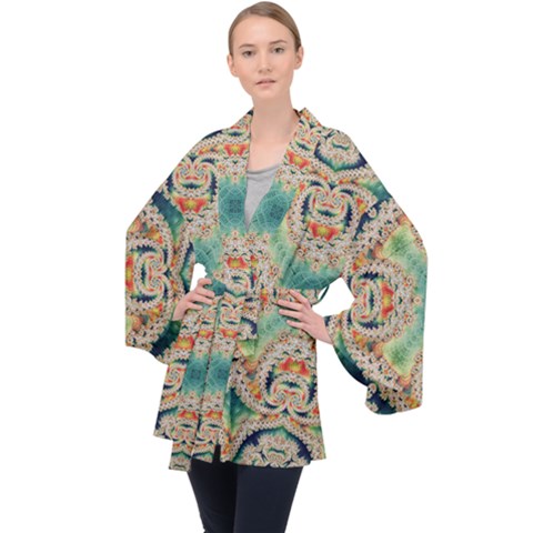 Cyan Fractal | Velour Kimono | Mid-Length